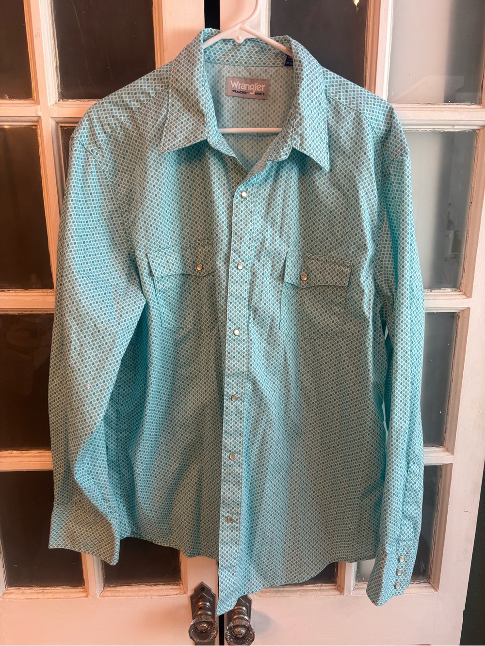 Wrangler Men's Teal Micro-Print Pearl Snap Western Shirt